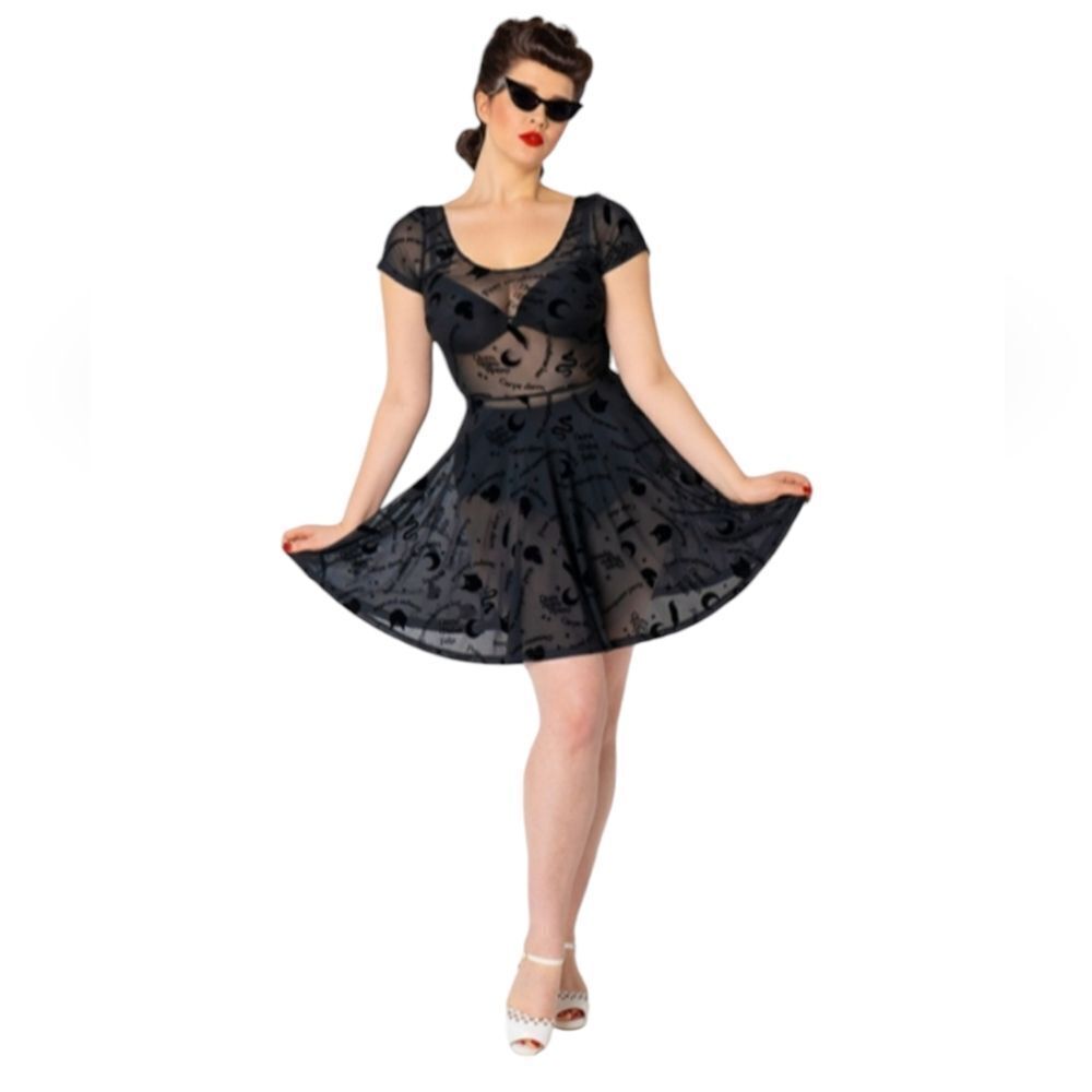 NEW Collectif Lila‎ Latin spells sheer black mesh skater dress M